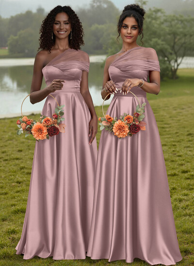 Unique Semi Sheer Illusion One-Shoulder Satin Bridesmaid Dresses