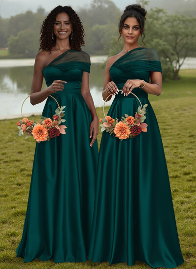 Unique Semi Sheer Illusion One-Shoulder Satin Bridesmaid Dresses