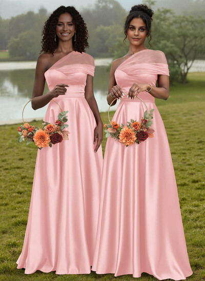 Unique Semi Sheer Illusion One-Shoulder Satin Bridesmaid Dresses