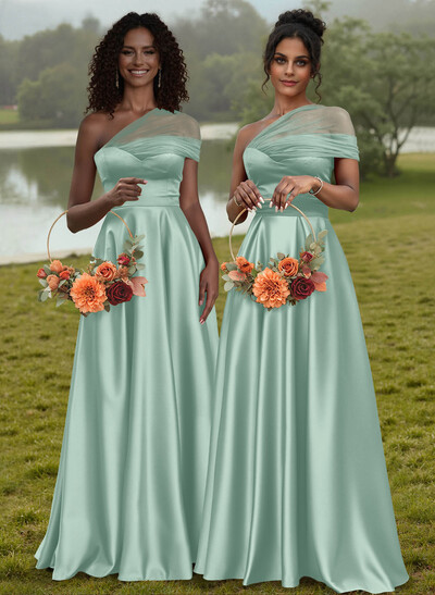 Unique Semi Sheer Illusion One-Shoulder Satin Bridesmaid Dresses