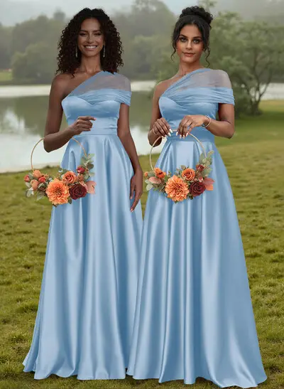 Missacc Sky Blue Bridesmaid Unique Semi Sheer Illusion One-Shoulder Satin Bridesmaid Dresses
