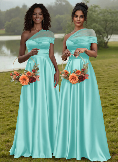 Unique Semi Sheer Illusion One-Shoulder Satin Bridesmaid Dresses