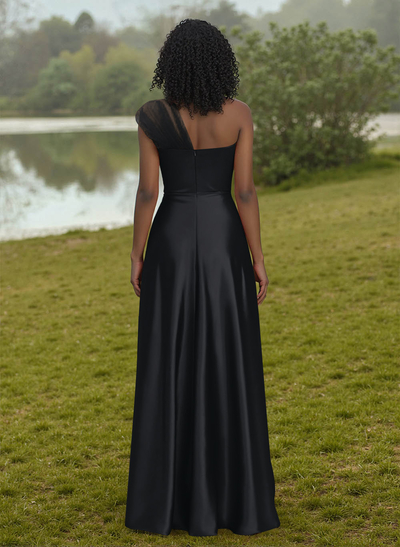 Unique Semi Sheer Illusion One-Shoulder Satin Bridesmaid Dresses