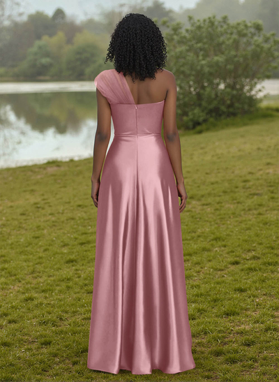 Unique Semi Sheer Illusion One-Shoulder Satin Bridesmaid Dresses