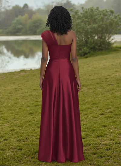 Unique Semi Sheer Illusion One-Shoulder Satin Bridesmaid Dresses