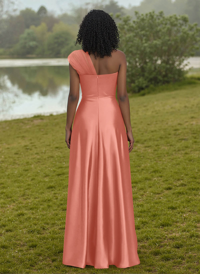 Unique Semi Sheer Illusion One-Shoulder Satin Bridesmaid Dresses