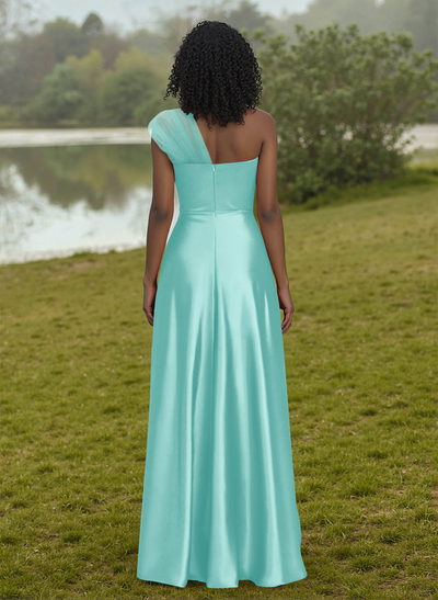 Unique Semi Sheer Illusion One-Shoulder Satin Bridesmaid Dresses