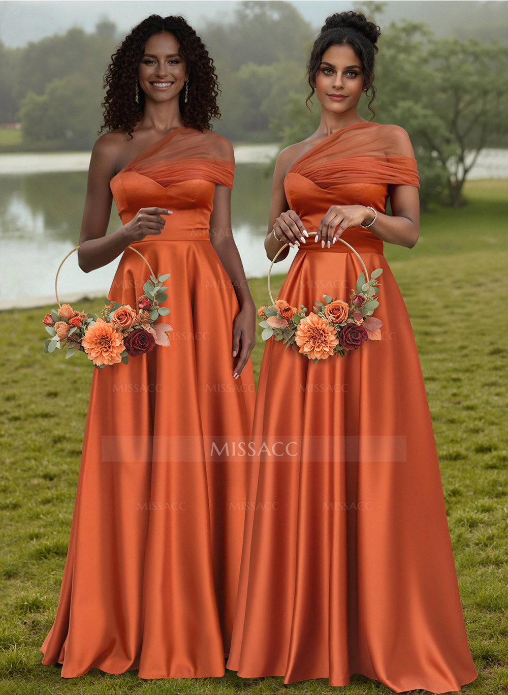 Unique Semi Sheer Illusion One-Shoulder Satin Bridesmaid Dresses