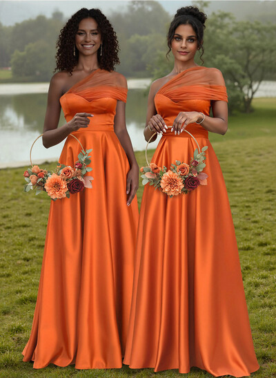 Unique Semi Sheer Illusion One-Shoulder Satin Bridesmaid Dresses