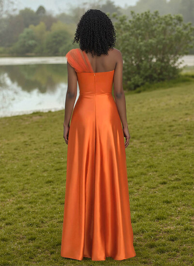 Unique Semi Sheer Illusion One-Shoulder Satin Bridesmaid Dresses