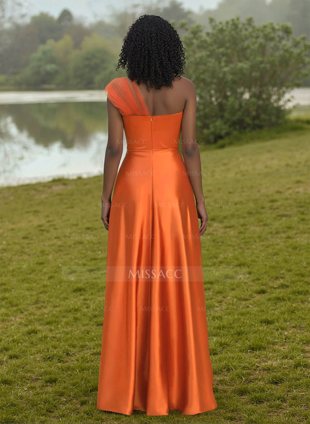 Unique Semi Sheer Illusion One-Shoulder Satin Bridesmaid Dresses