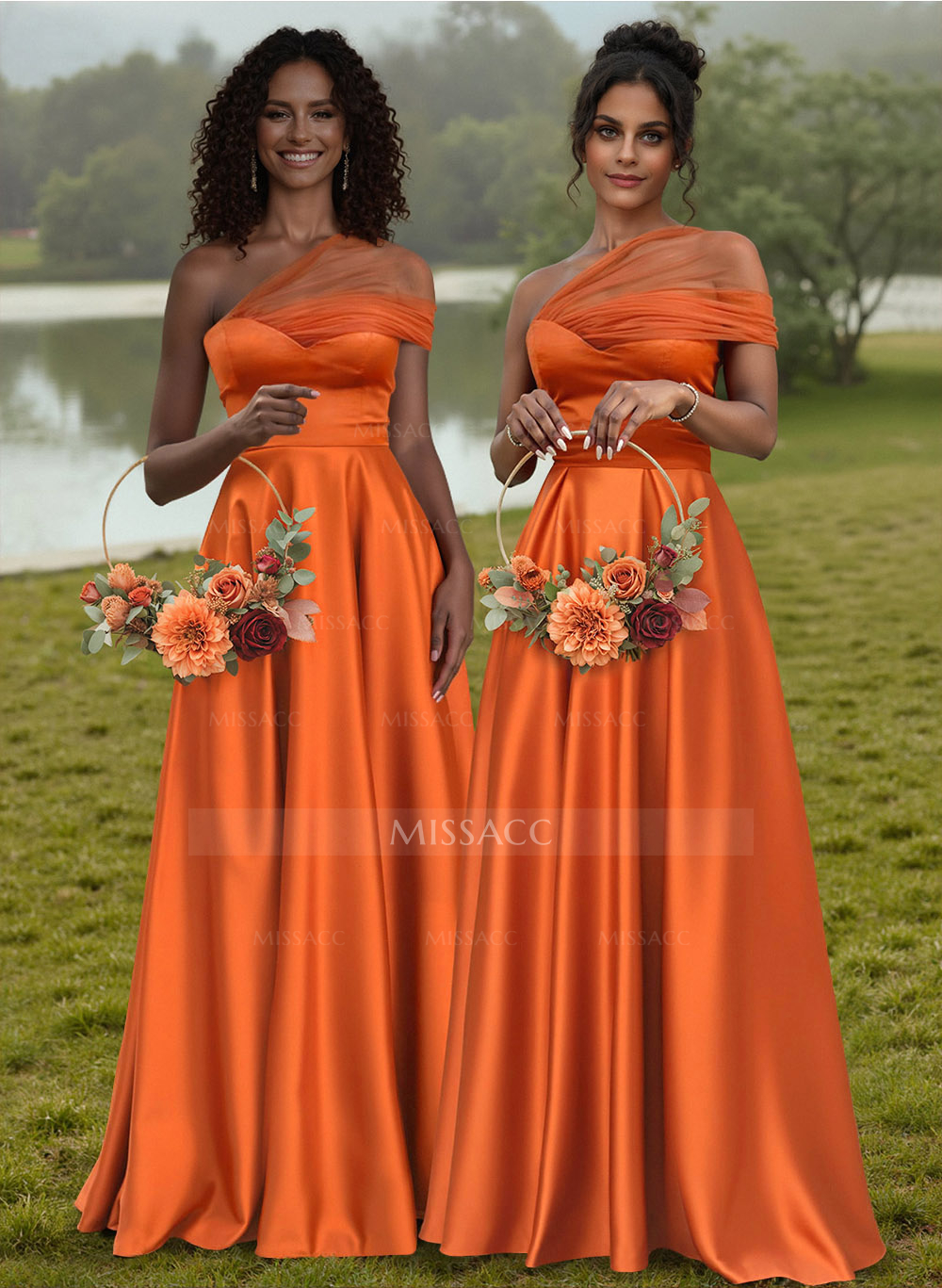 Unique Semi Sheer Illusion One-Shoulder Satin Bridesmaid Dresses