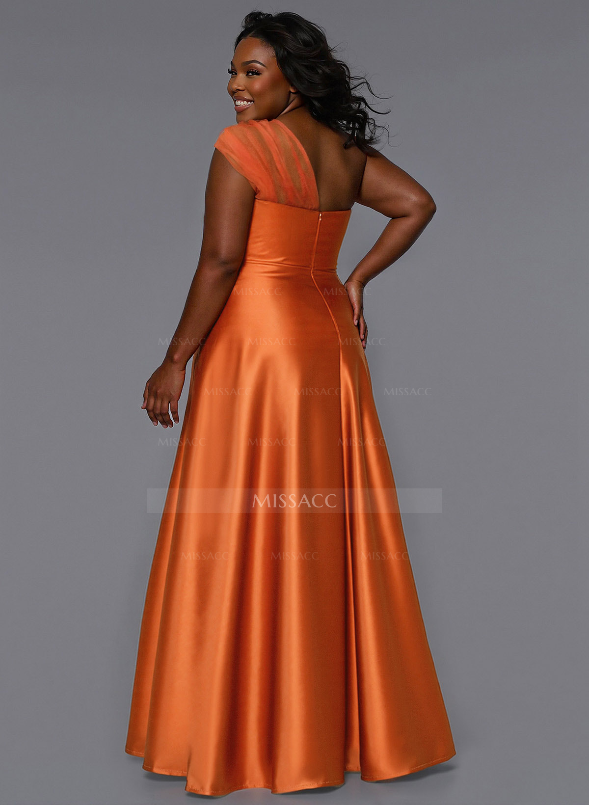 Unique Semi Sheer Illusion One-Shoulder Satin Bridesmaid Dresses