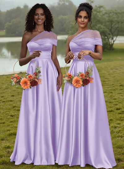 Unique Semi Sheer Illusion One-Shoulder Satin Bridesmaid Dresses