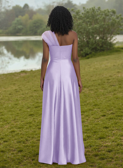 Unique Semi Sheer Illusion One-Shoulder Satin Bridesmaid Dresses
