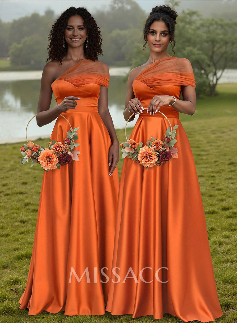 Unique Semi Sheer Illusion One-Shoulder Satin Bridesmaid Dresses Unique Semi Sheer Illusion One-Shoulder Satin Bridesmaid Dresses