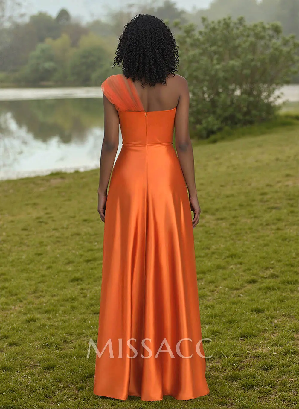 Missacc Coral Bridesmaid Unique Semi Sheer Illusion One-Shoulder Satin Bridesmaid Dresses Missacc Coral Bridesmaid Unique Semi Sheer Illusion One-Shoulder Satin Bridesmaid Dresses
