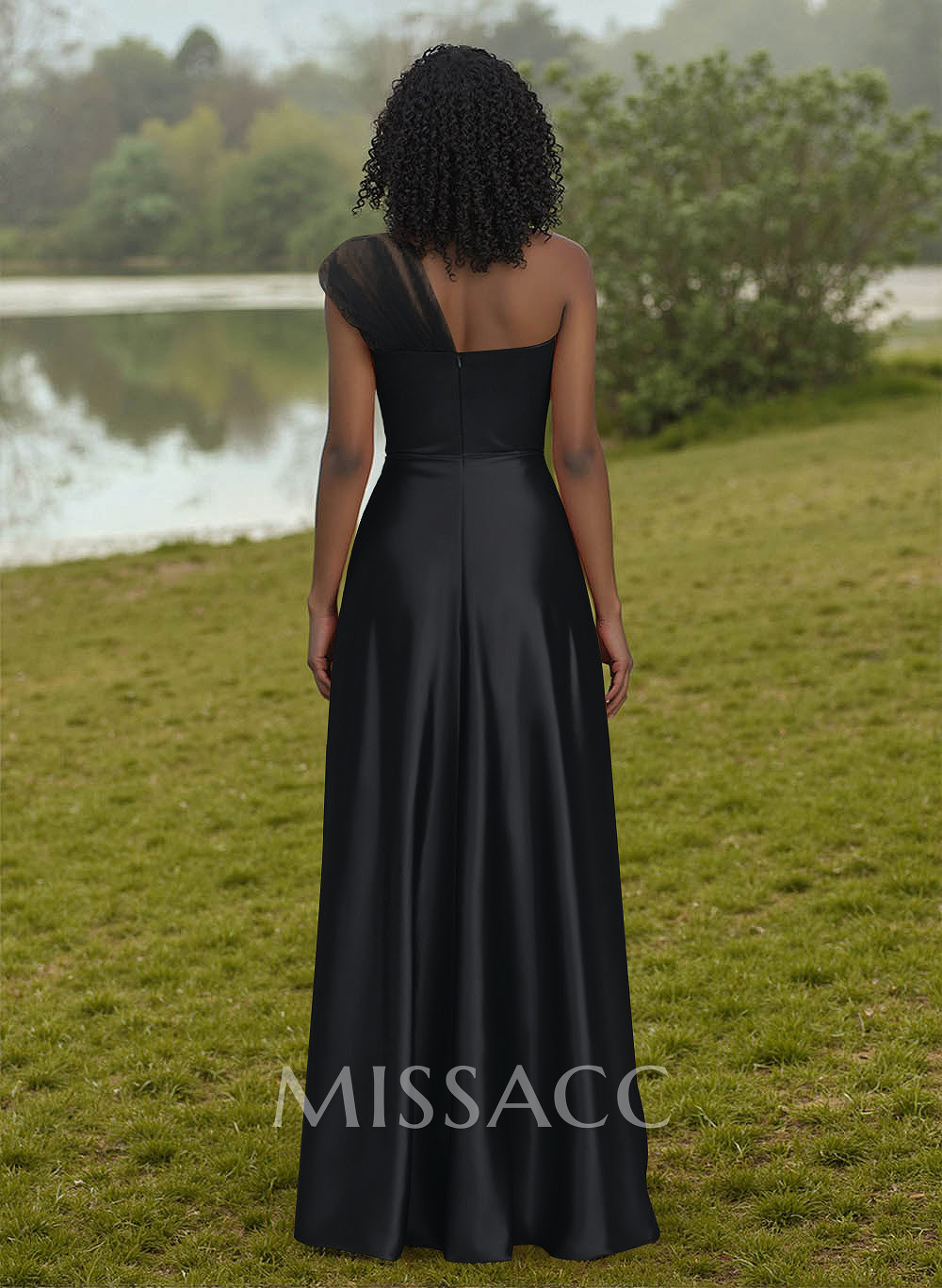 Unique Semi Sheer Illusion One-Shoulder Satin Bridesmaid Dresses
