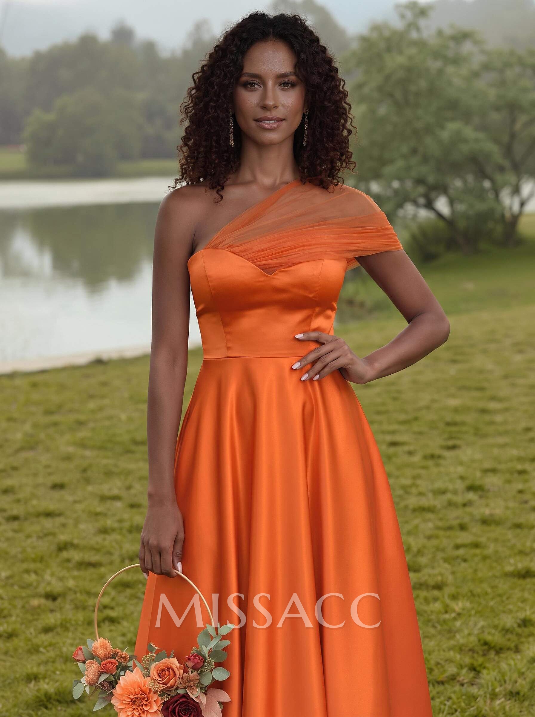 Unique Semi Sheer Illusion One-Shoulder Satin Bridesmaid Dresses Unique Semi Sheer Illusion One-Shoulder Satin Bridesmaid Dresses