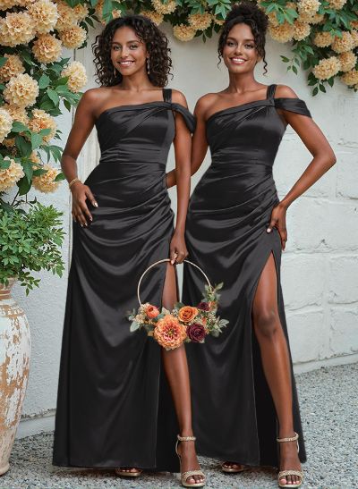 Unique One-Shoulder Ruched Waist Satin Bridesmaid Dresses With Split Front