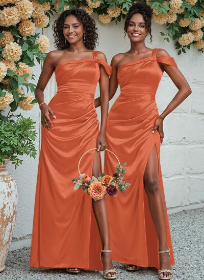 Unique One-Shoulder Ruched Waist Satin Bridesmaid Dresses With Split Front