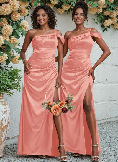 Unique One-Shoulder Ruched Waist Satin Bridesmaid Dresses With Split Front