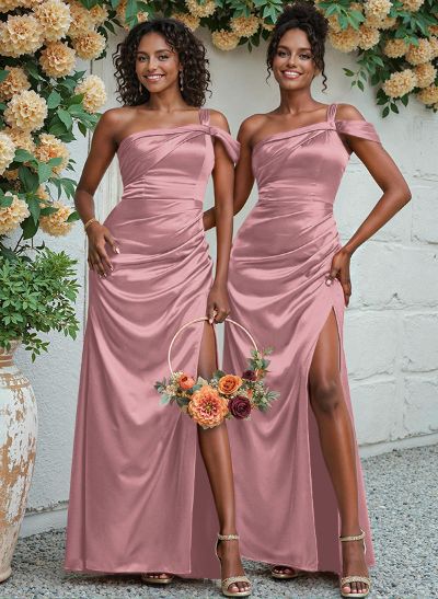 Unique One-Shoulder Ruched Waist Satin Bridesmaid Dresses With Split Front