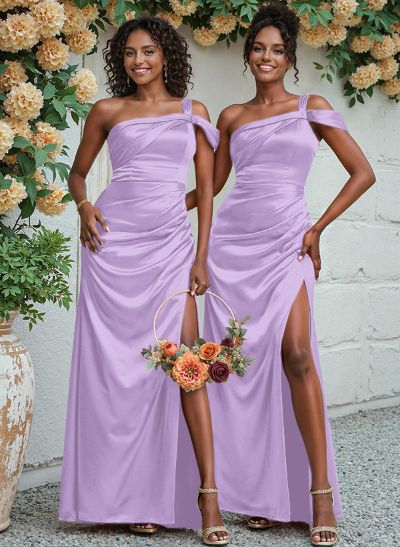 Unique One-Shoulder Ruched Waist Satin Bridesmaid Dresses With Split Front