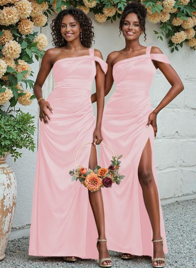 Unique One-Shoulder Ruched Waist Satin Bridesmaid Dresses With Split Front