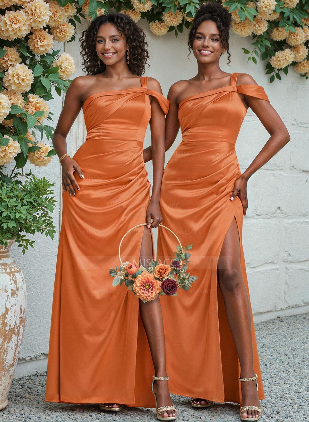 Unique One-Shoulder Ruched Waist Satin Bridesmaid Dresses With Split Front