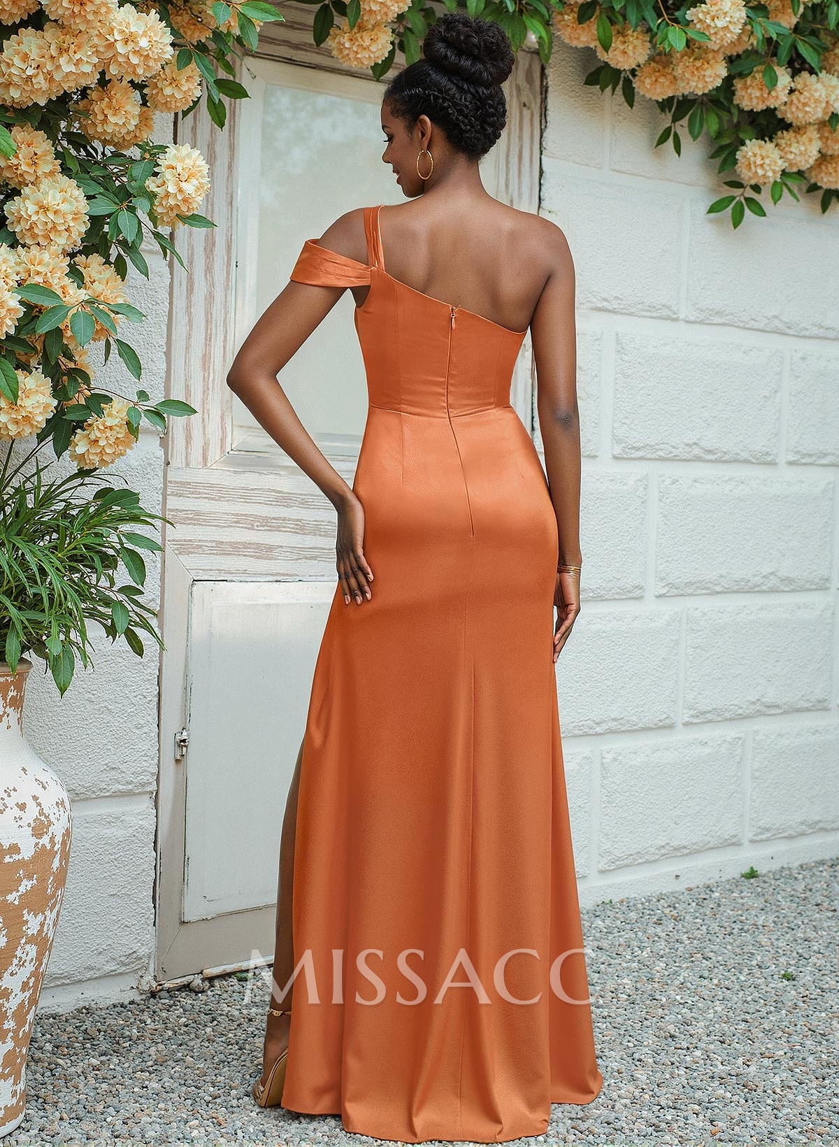 Unique One-Shoulder Ruched Waist Satin Bridesmaid Dresses With Split Front Unique One-Shoulder Ruched Waist Satin Bridesmaid Dresses With Split Front