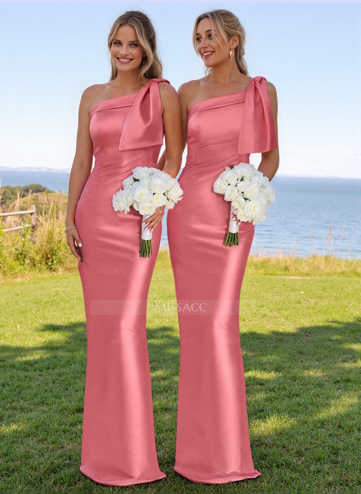 Classy Bow Accented One-Shoulder Floor-Length Bridesmaid Dresses With Back Slit