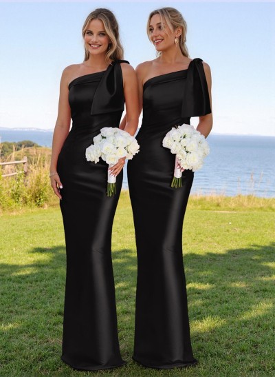 Classy Bow Accented One-Shoulder Floor-Length Bridesmaid Dresses With Back Slit