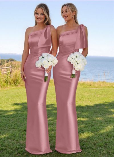 Classy Bow Accented One-Shoulder Floor-Length Bridesmaid Dresses With Back Slit