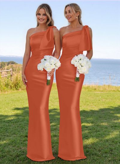 Classy Bow Accented One-Shoulder Floor-Length Bridesmaid Dresses With Back Slit