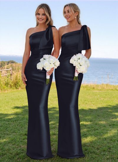 Classy Bow Accented One-Shoulder Floor-Length Bridesmaid Dresses With Back Slit