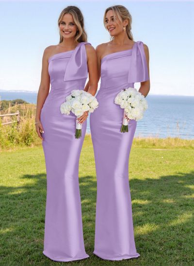 Classy Bow Accented One-Shoulder Floor-Length Bridesmaid Dresses With Back Slit