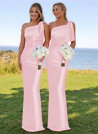 Classy Bow Accented One-Shoulder Floor-Length Bridesmaid Dresses With Back Slit