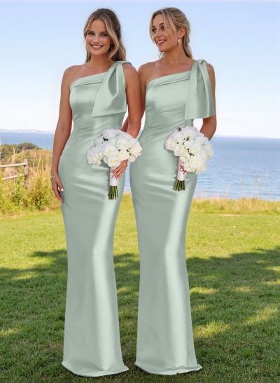 Classy Bow Accented One-Shoulder Floor-Length Bridesmaid Dresses With Back Slit