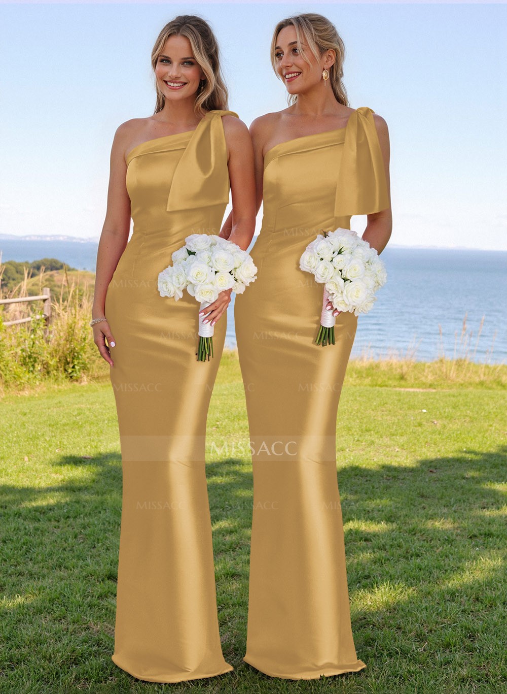 Classy Bow Accented One-Shoulder Floor-Length Bridesmaid Dresses With Back  Slit - Missacc, image size:1000x1367