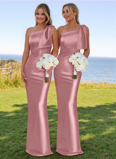 Classy Bow Accented One-Shoulder Floor-Length Bridesmaid Dresses With Back Slit