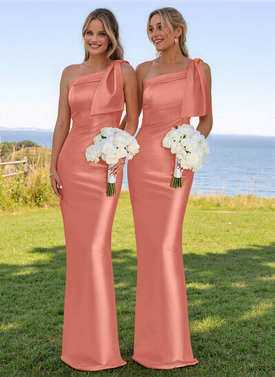 Classy Bow Accented One-Shoulder Floor-Length Bridesmaid Dresses With Back Slit