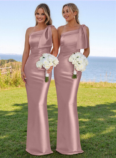 Classy Bow Accented One-Shoulder Floor-Length Bridesmaid Dresses With Back Slit