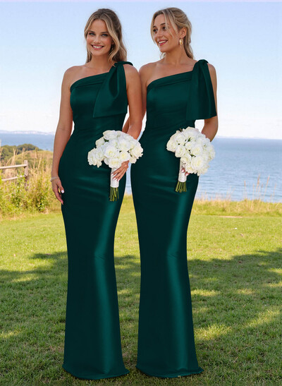 Classy Bow Accented One-Shoulder Floor-Length Bridesmaid Dresses With Back Slit