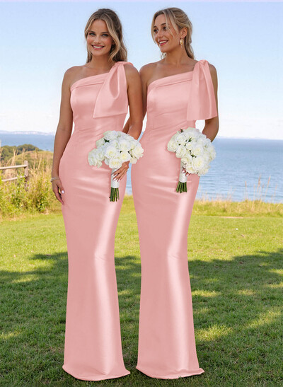 Classy Bow Accented One-Shoulder Floor-Length Bridesmaid Dresses With Back Slit