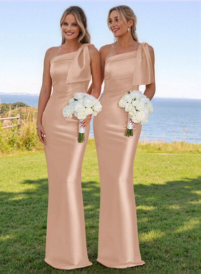 Classy Bow Accented One-Shoulder Floor-Length Bridesmaid Dresses With Back Slit