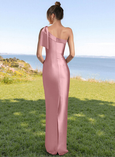 Classy Bow Accented One-Shoulder Floor-Length Bridesmaid Dresses With Back Slit