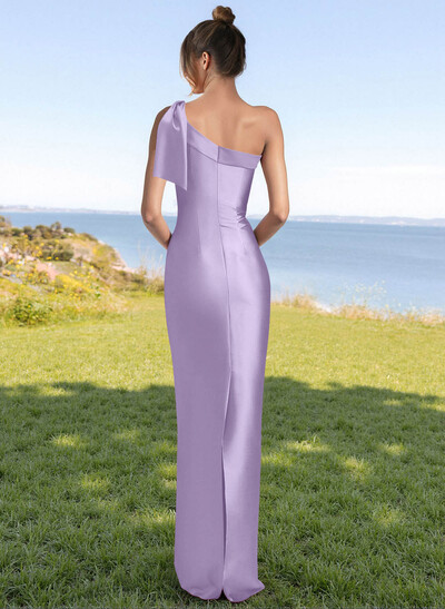 Classy Bow Accented One-Shoulder Floor-Length Bridesmaid Dresses With Back Slit