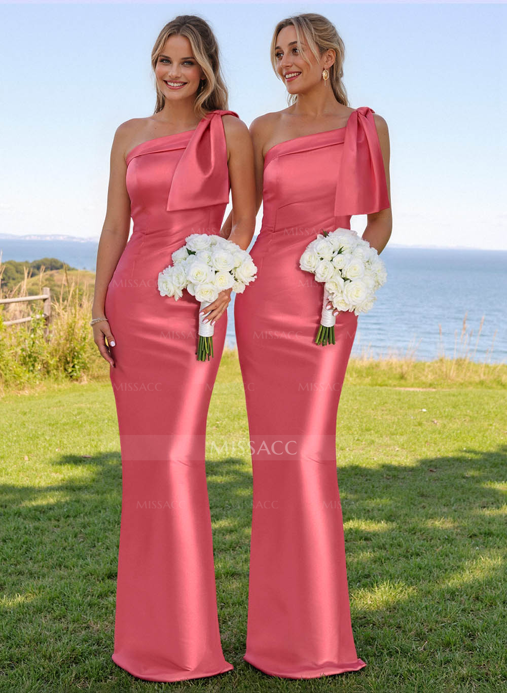 Classy Bow Accented One-Shoulder Floor-Length Bridesmaid Dresses With Back Slit