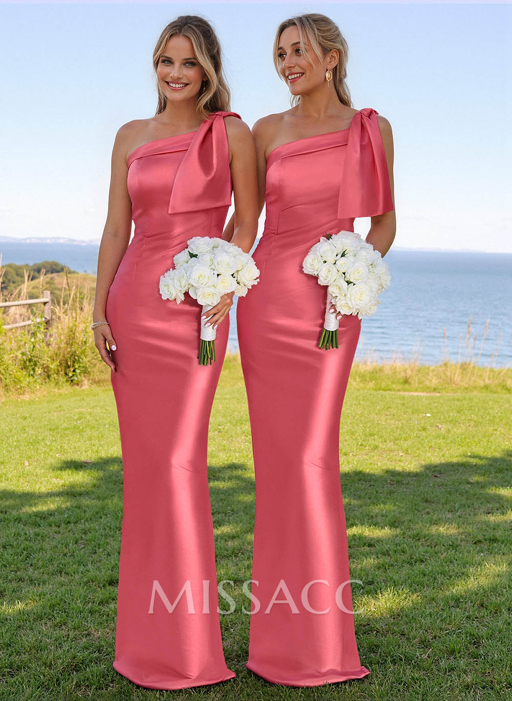 Classy Bow Accented One-Shoulder Floor-Length Bridesmaid Dresses With Back Slit Classy Bow Accented One-Shoulder Floor-Length Bridesmaid Dresses With Back Slit